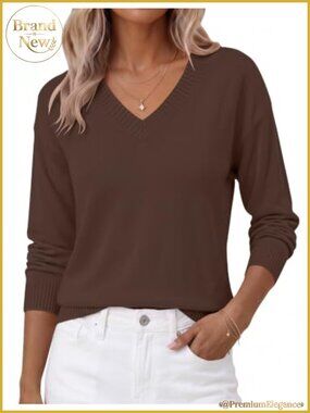 V-Neck Long Sleeve Sweater for Women - Lightweight Knit Casual Top Fall Pullover